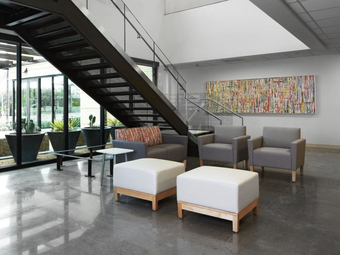 Lobby waiting area, Nemschoff Brava Classic gray Armchair, Nemschoff Brava Classic Multiple Seating in a gray, multicolored back, Nemschoff Brava Platform.