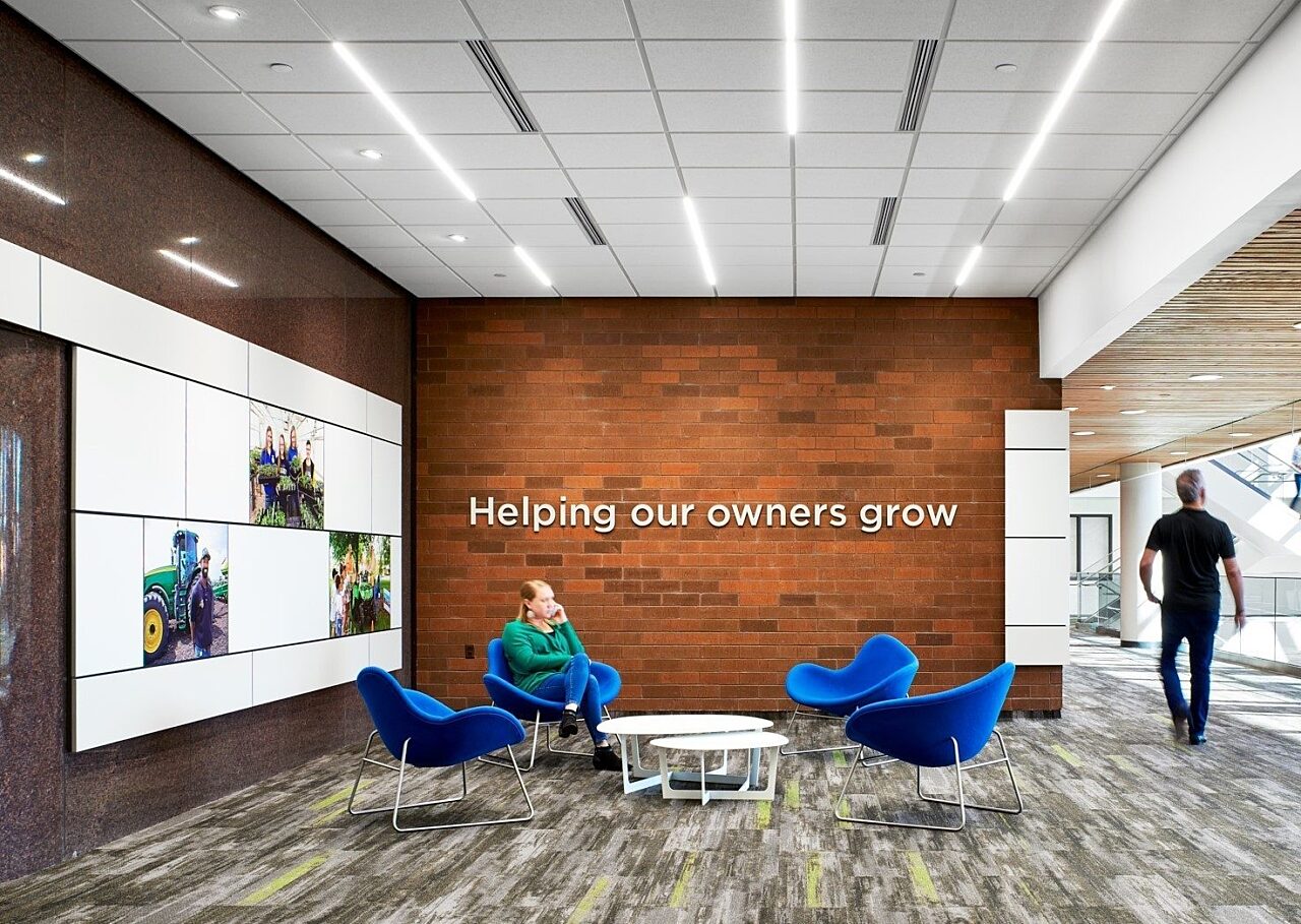 A welcoming space with a brick wall reading "Helping our owners grow," blue lounge chairs, a white table, and a digital display showcasing images.