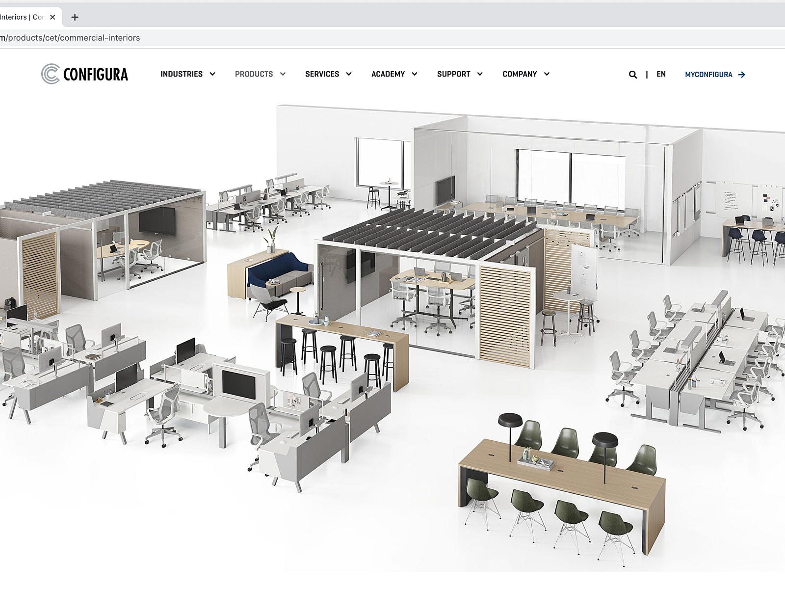 Screenshot of the CET program displaying a rendered layout of a modern office space with workstations, collaborative seating, and partitioned rooms.