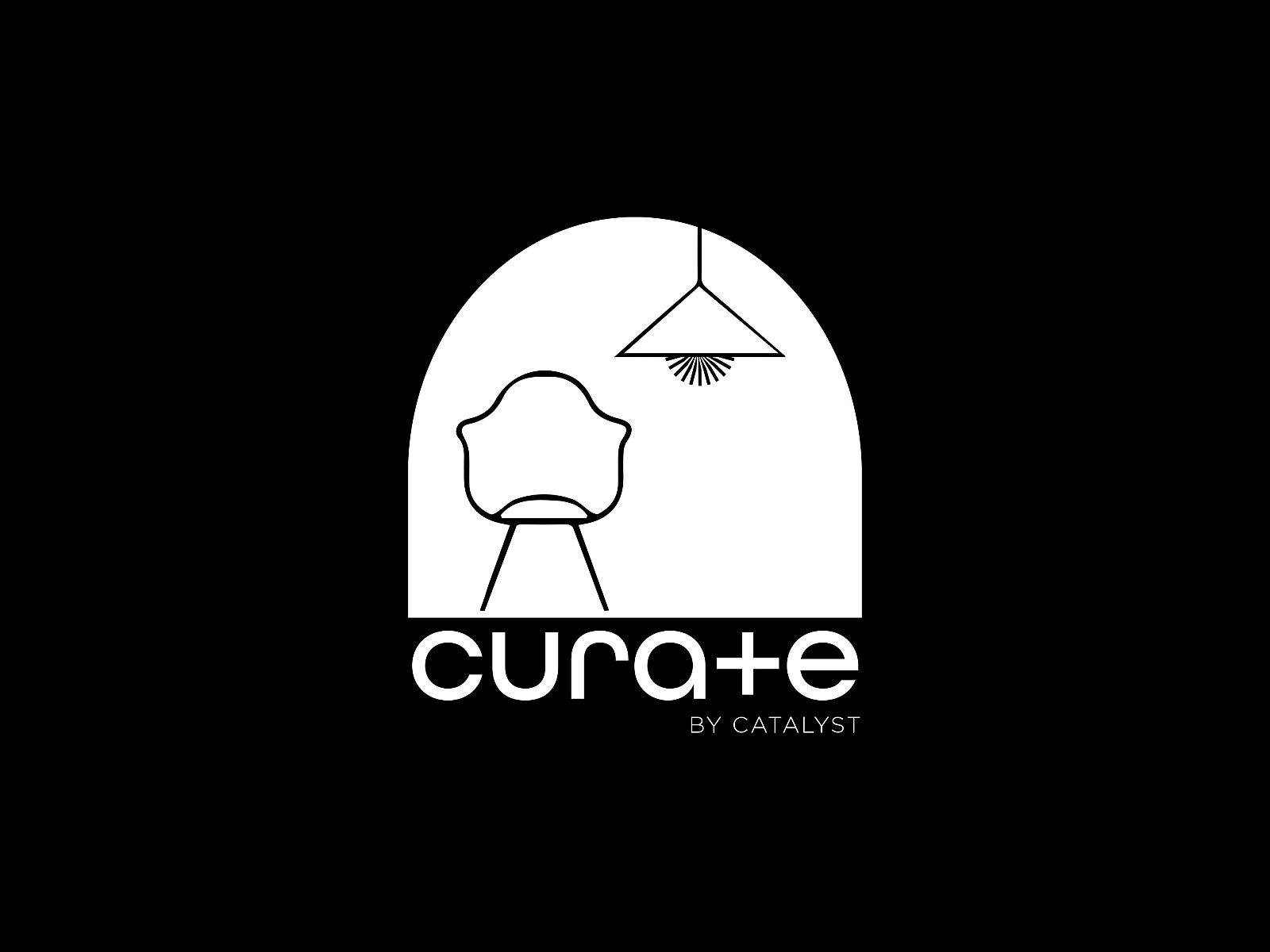 Minimalist logo for "Curate by Catalyst" featuring a line art chair and pendant light within an arched frame, set against a black background.