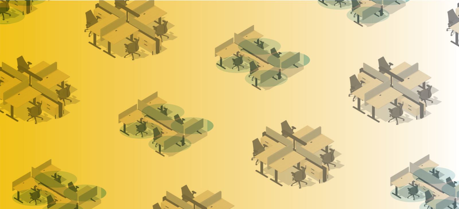 Workstations with circles denoting 6ft distancing guidelines.