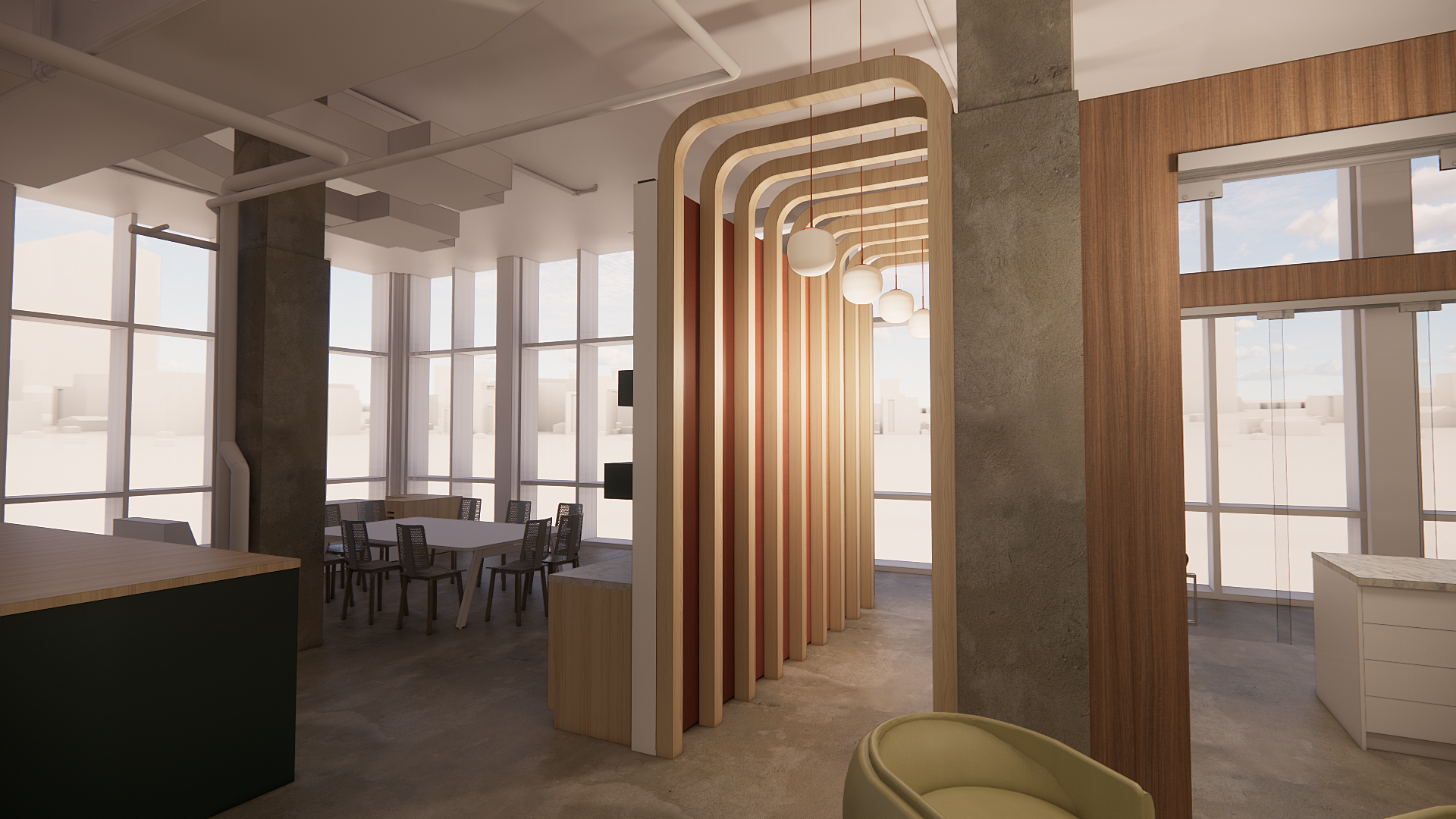 Modern office space with large windows, wood panel dividers featuring pendant lighting, a dining table with chairs, and concrete pillars.