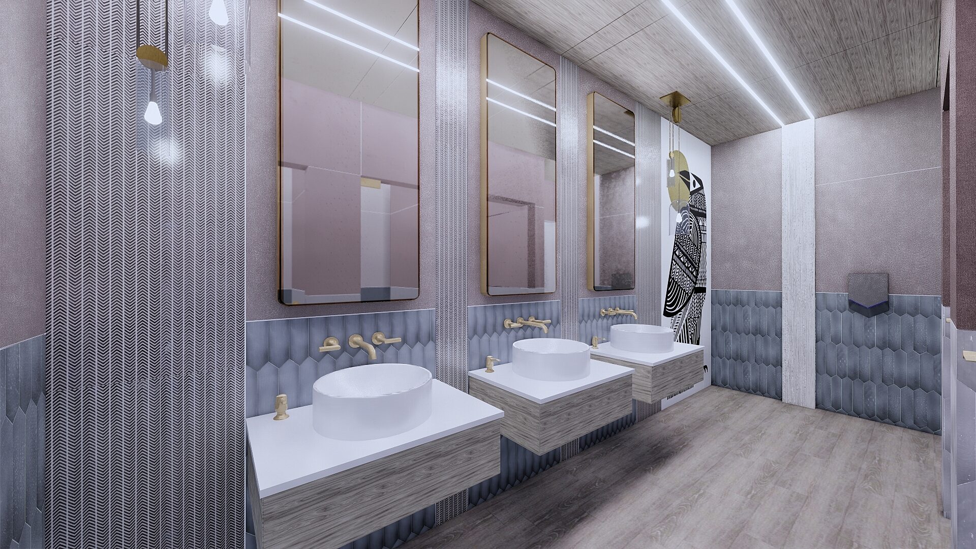 Falkbuilt-designed restroom with modern finishes, featuring wall-mounted sinks, illuminated mirrors, tile accents, and contemporary lighting fixtures.