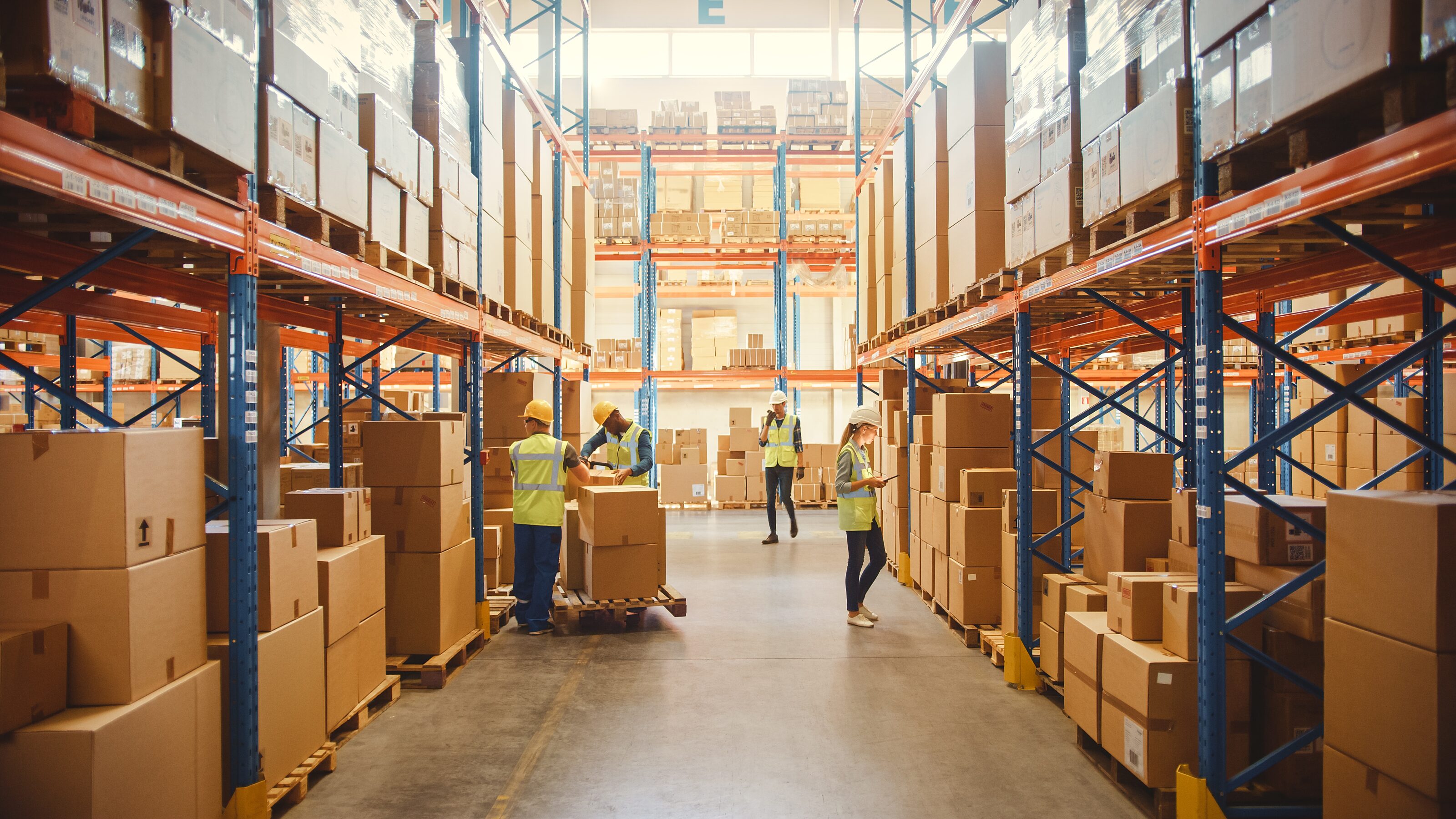 Warehouse scene with tall shelves stacked with boxes, workers in PPE organizing and inspecting packages, and forklifts in a large aisle.