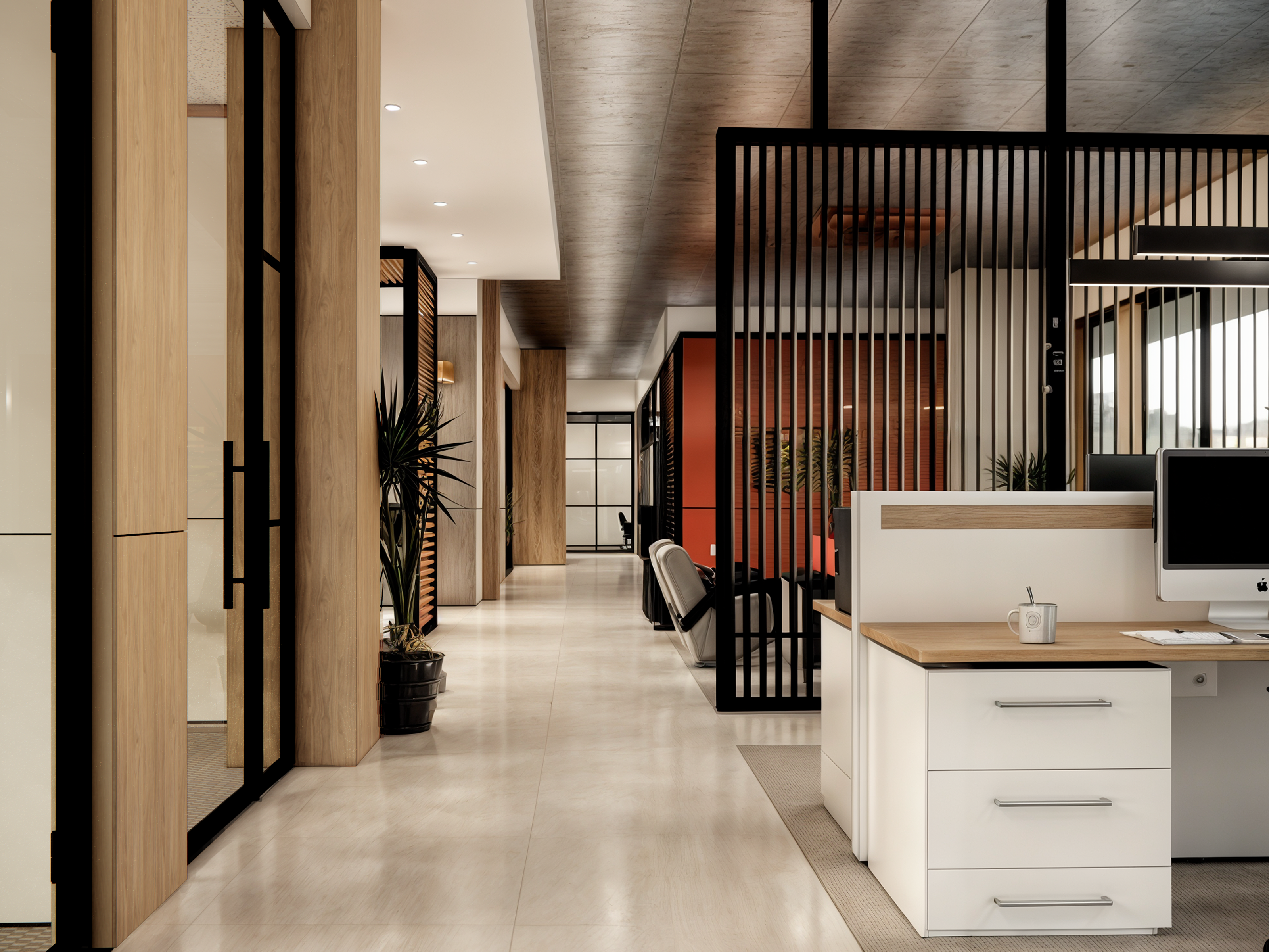 Elegant Falkbuilt walls and slatted partitions create a modern office layout, blending natural wood tones and glass for a stylish, and open design.
