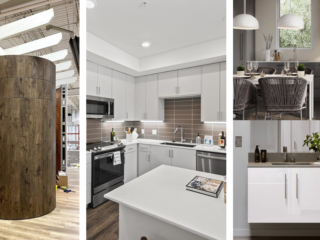 A collage highlighting cabinetry: wood-paneled curved cabinets, modern white kitchen cabinets, gray dining room cabinets, and sleek white vanity cabinets.