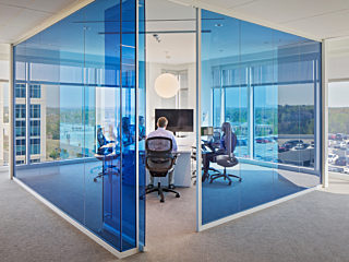 Symbio walls with vibrant blue glass create private, light-filled meeting spaces in a contemporary office, blending openness with acoustic privacy.