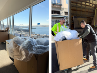 Catalyst team sorting recyclable packaging on site in Seattle during office furniture installation to support clean job sites and waste reduction