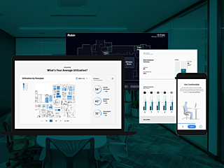 Digital workspace analytics displayed across devices, showcasing utilization metrics, floorplans, and personalized workspace adjustments for efficiency.