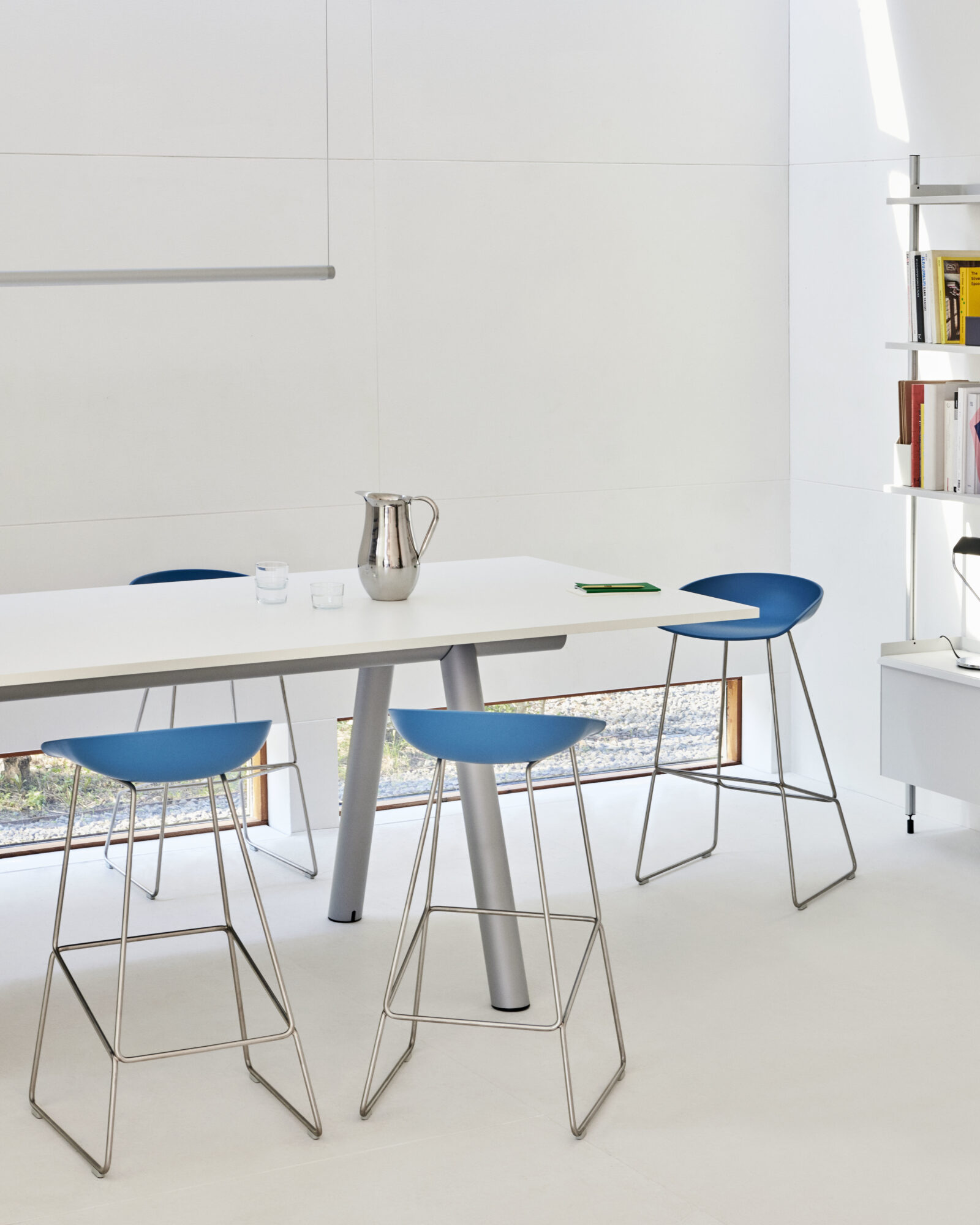 Boa High Table L280x W110x H95 white laminate metallic grey powder coated frame AAS 38 H75 azure blue 2 0 seat stainless steel base