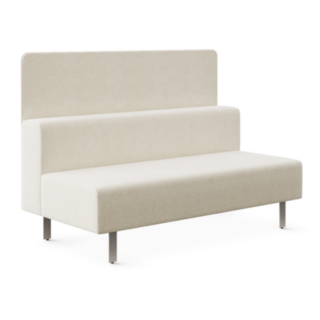 Upholstered bench with high backrest and slim metal legs in a light neutral fabric.