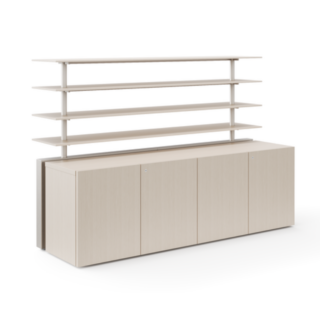 Modern storage credenza with doors and open shelving in a light neutral finish.