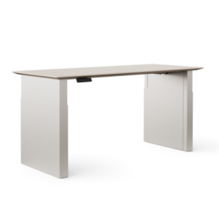 Height-adjustable desk with clean white base and light wood tabletop on a white background.