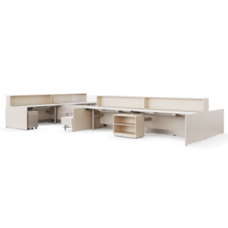Large shared workstation with privacy panels, storage units, and height-adjustable desks.
